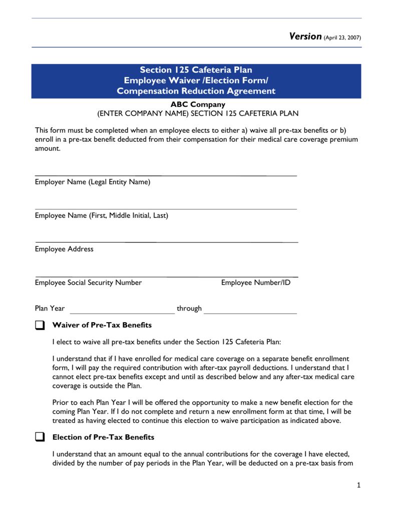 125 Cafeteria Plan Enrollment Form