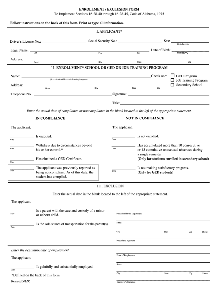 Alabama School Enrollment Form Dl1-93