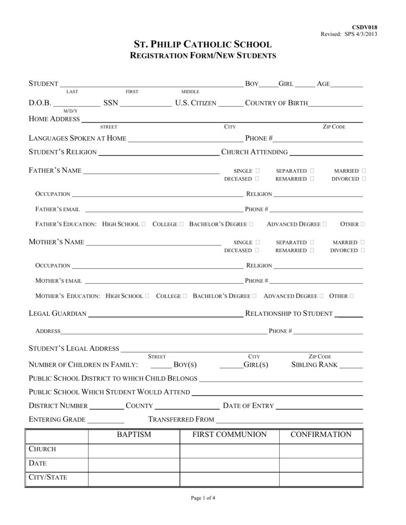 Catholic Primary School Enrolment Form