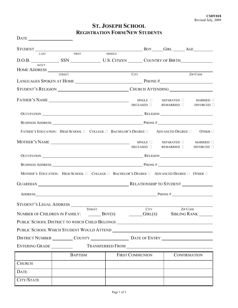 Catholic School Enrolment Form