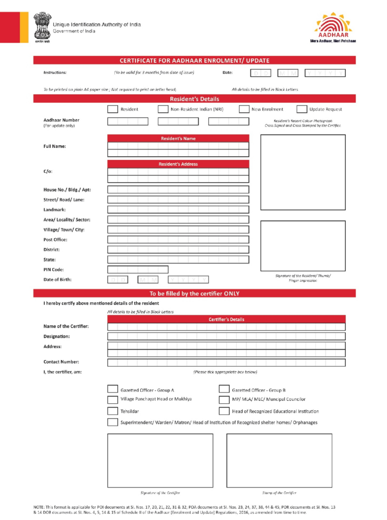 Certificate For Aadhaar Enrollment Form