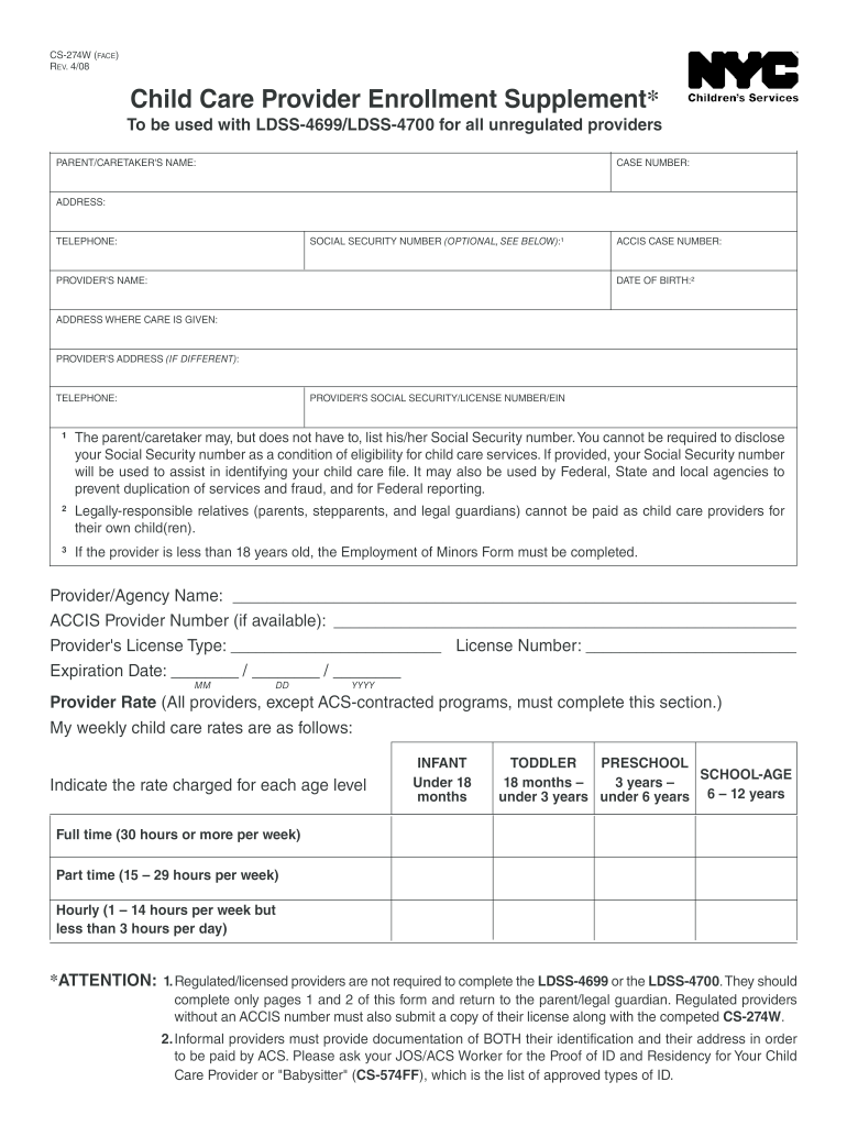 Child Care Provider Enrollment Form Cs-274w-s