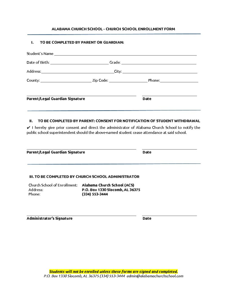 Church School Enrollment Form Alabama