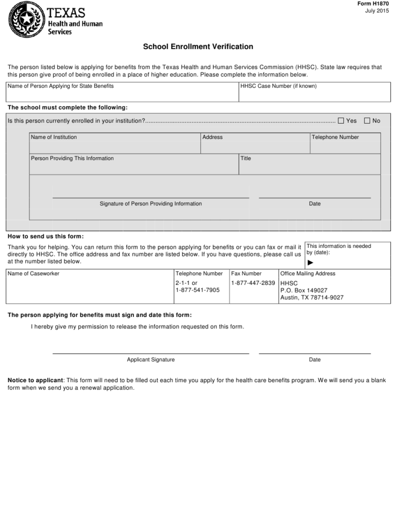 Denton High School Verification Of Enrollment Form