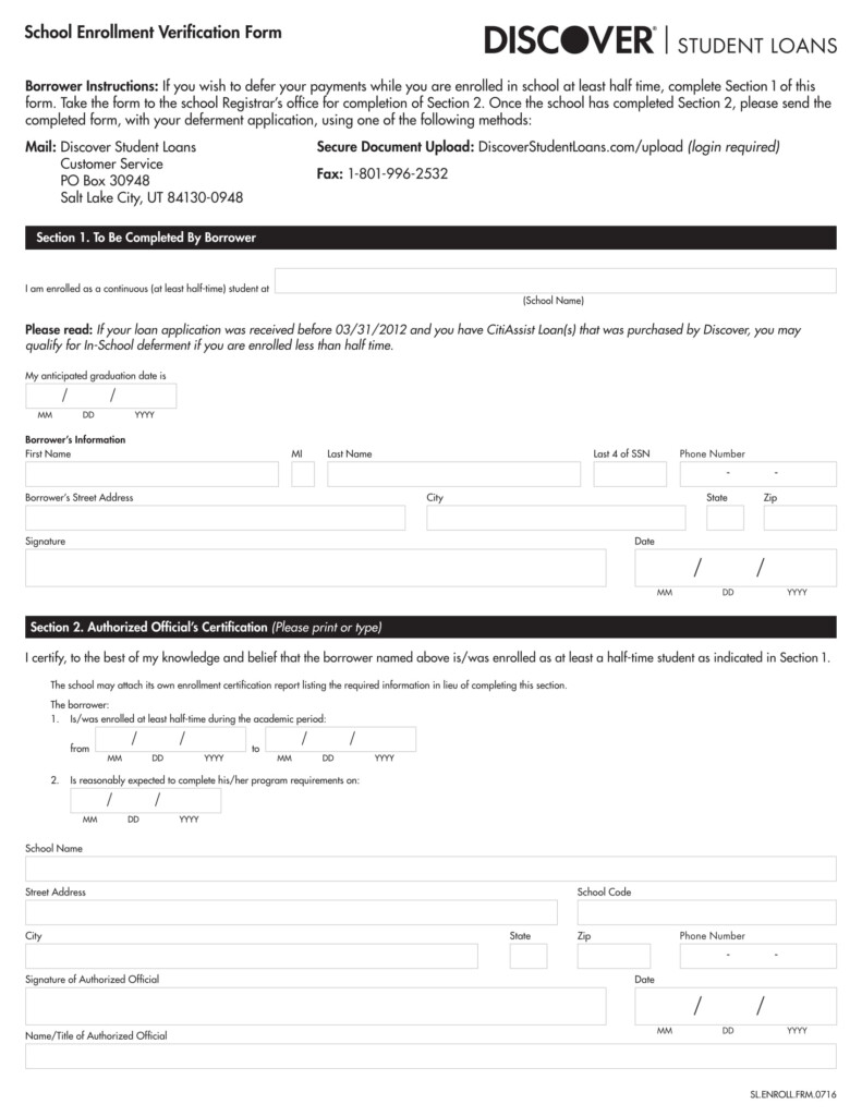 Discover Student Loans School Enrollment Verification Form