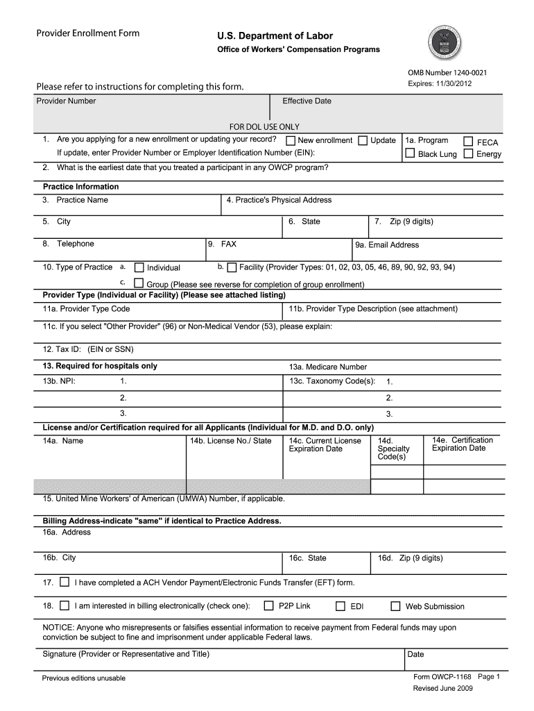 Dol Energy Provider Enrollment Form 1240-0021