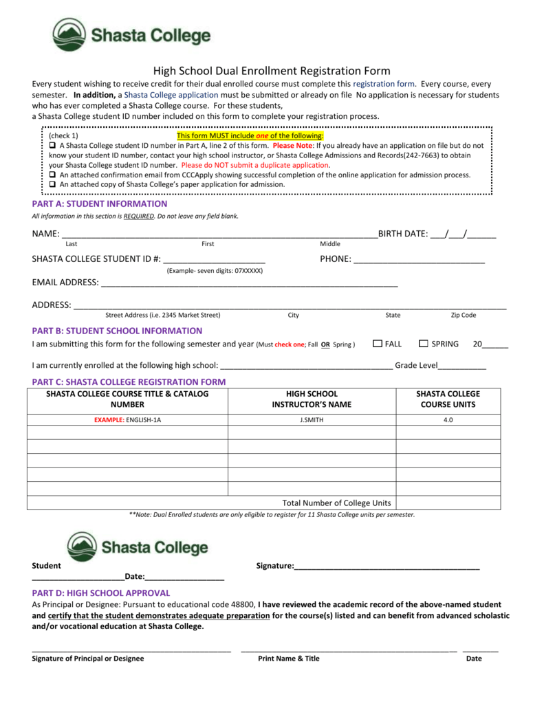 Dual Enrollment Forms For High School Enrollment Form