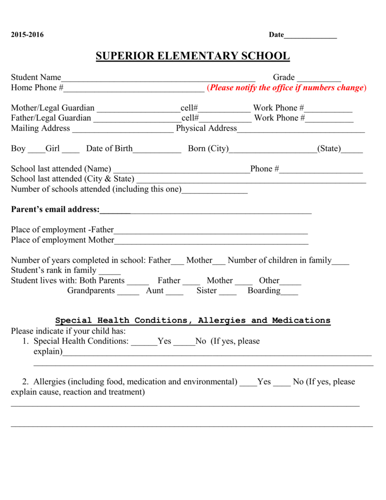 Elementary School Enrollment Form