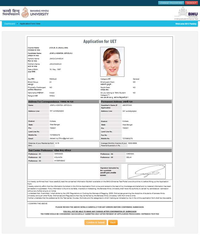 Enrollment Form Bhu