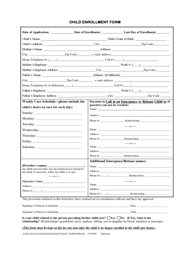 Enrollment Form Child Care