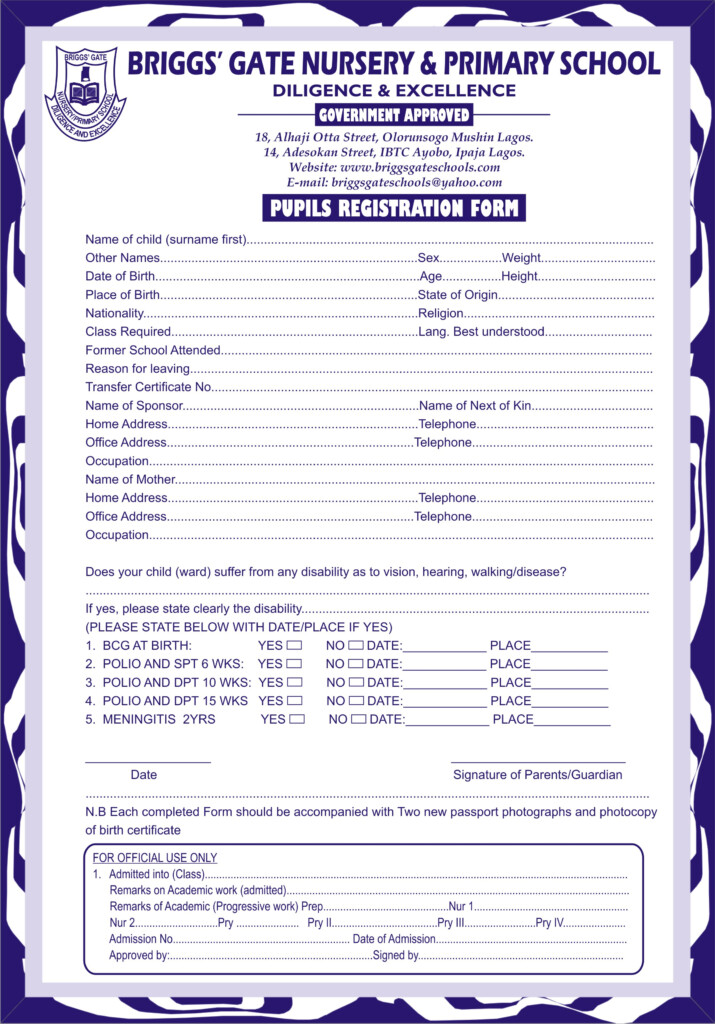 Enrollment Form For Primary School