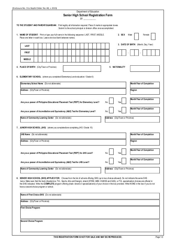 Enrollment Form For Senior High School