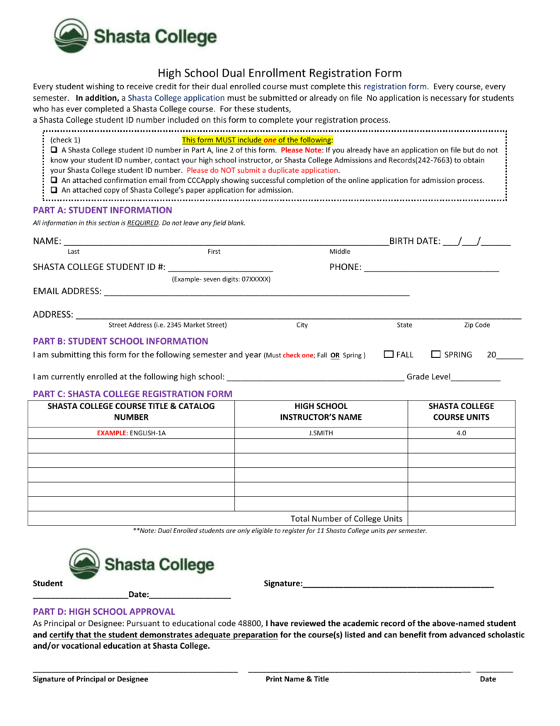 Enrollment Form High School