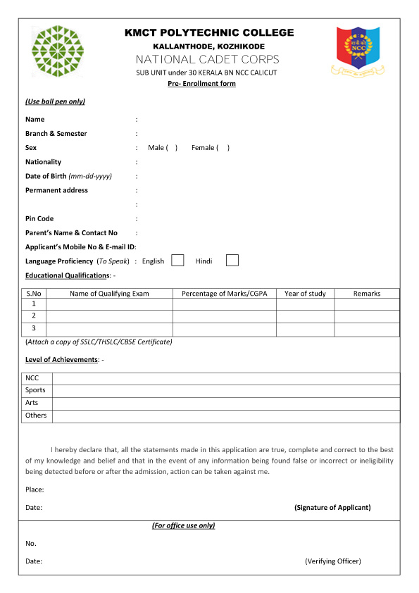 Enrollment Form Ncc - Enrollment Form