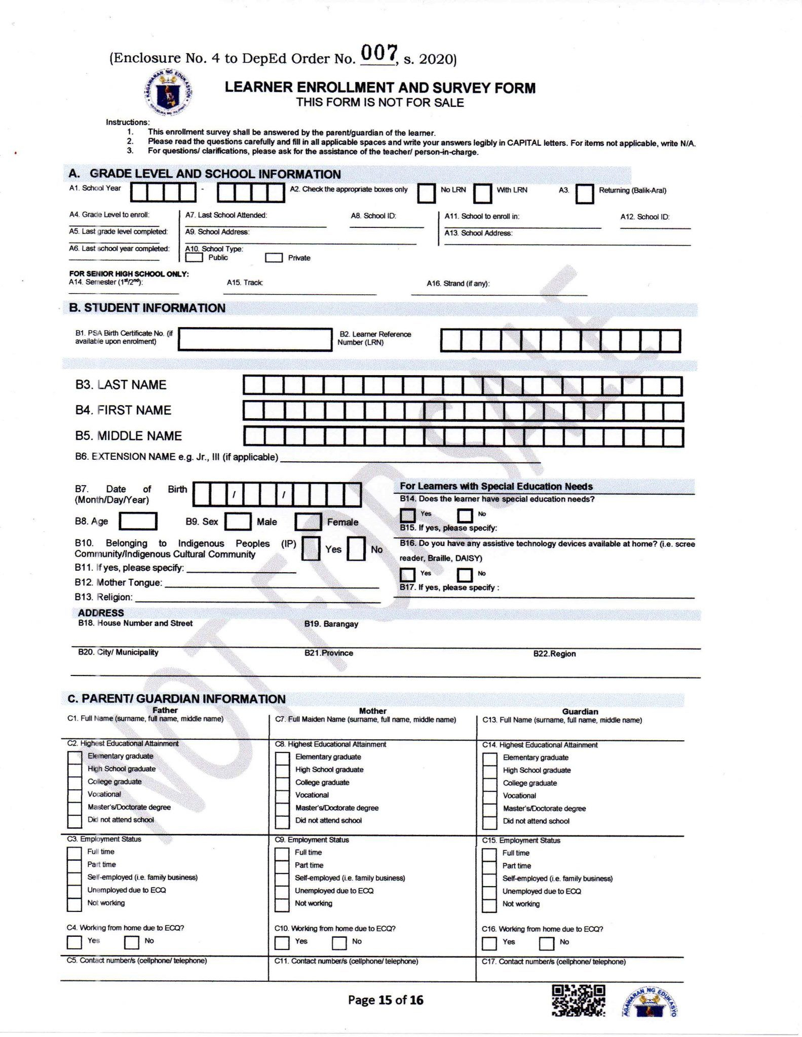 Enrollment Form Sample Deped Enrollment Form