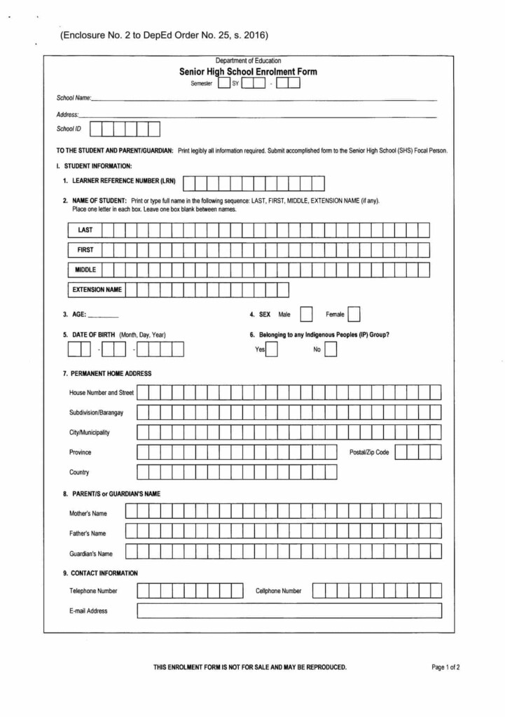 Enrollment Form Shs