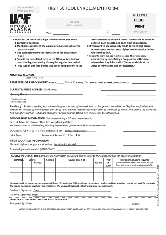 Franklin High School Enrollment Form