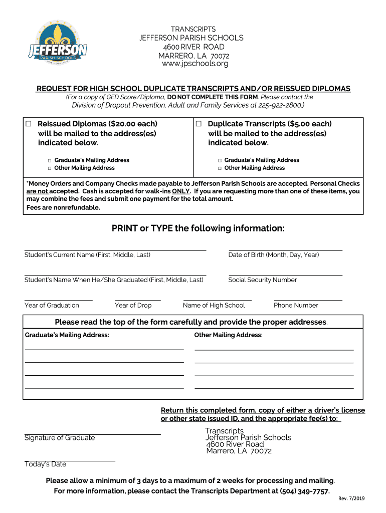 Jefferson Parish School Enrollment Form