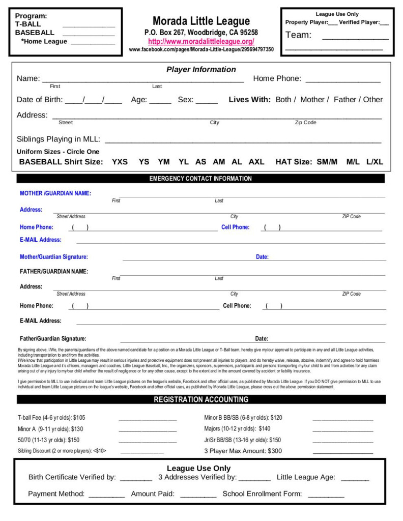 Little League School Enrollment Form 2018