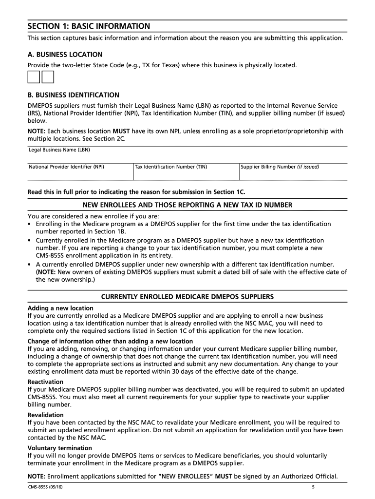 Medicare Dmepos Enrollment Form 855s