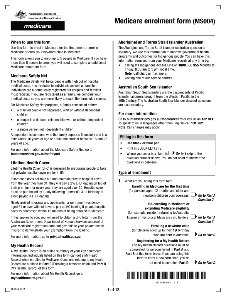 Medicare Enrolment Form Ms004