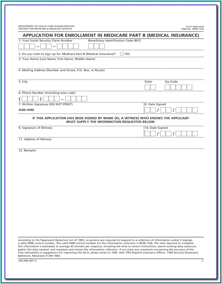 Medicare Part B Enrollment Form Employer