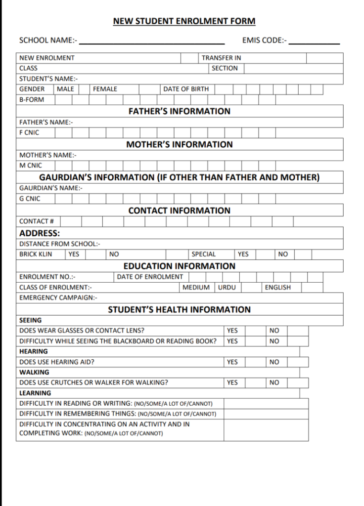 New Student Enrollment Form School Education Department Punjab Pdf