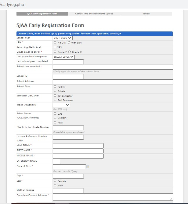 Online Enrollment Form Grade 7