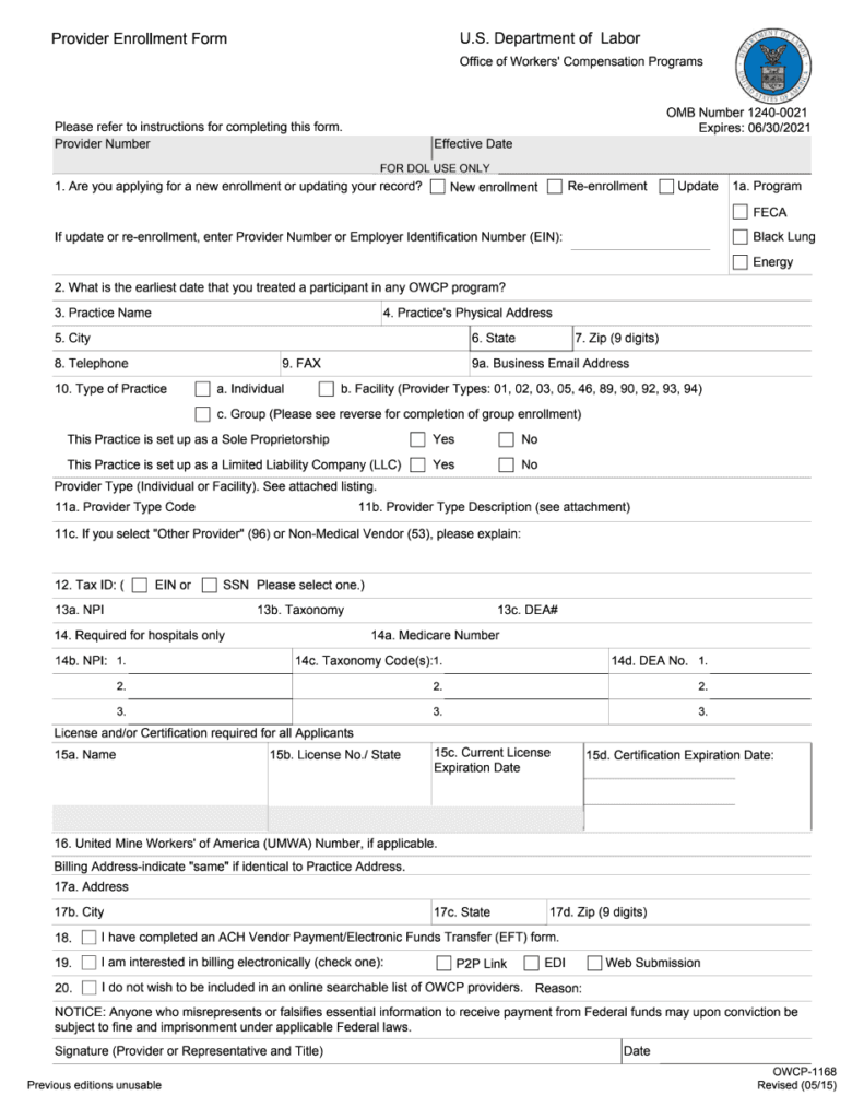 Provider Enrollment Form Owcp 1168