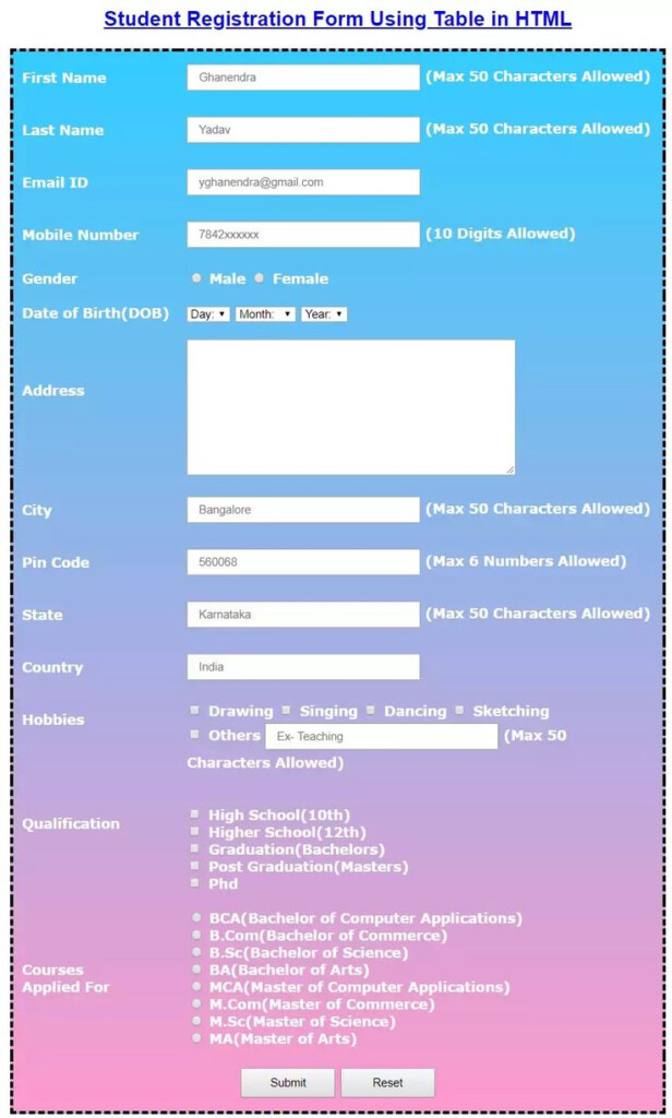 Registration Form Using Html