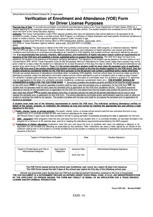 School Enrollment Form For Driver's Permit