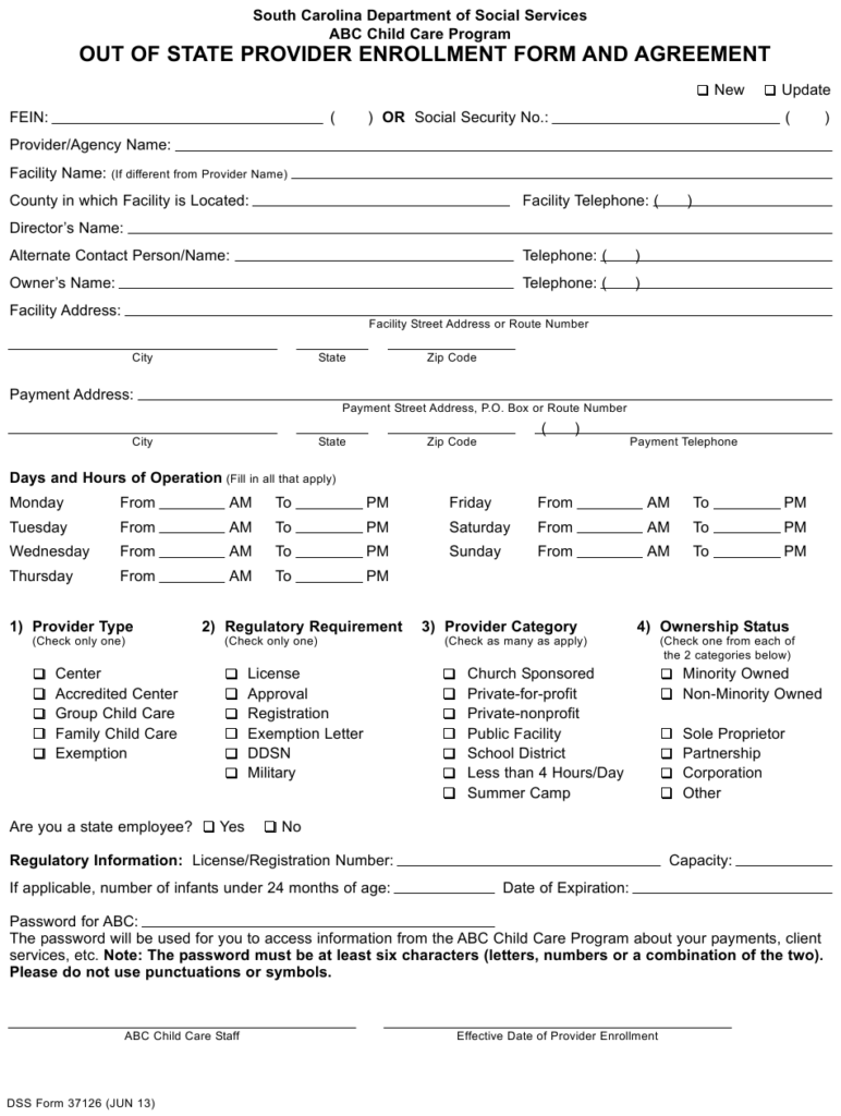 South Carolina Provider Enrollment Form