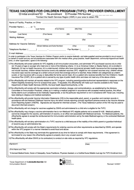 Texas Vfc Provider Enrollment Form