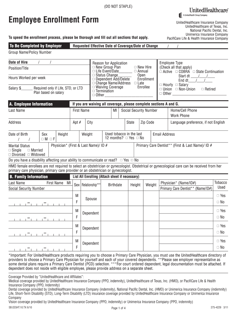 United Healthcare Employee Enrollment Form