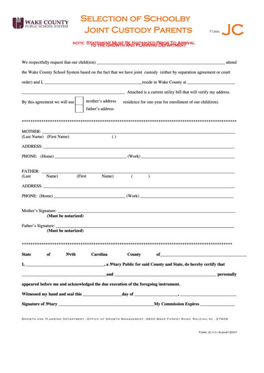 Wake County Joint Custody Form For School Enrollment