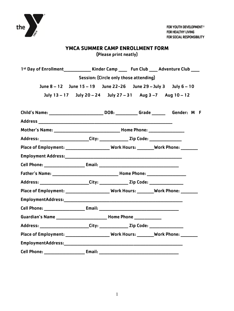 Ymca Enrollment Form Enrollment Form