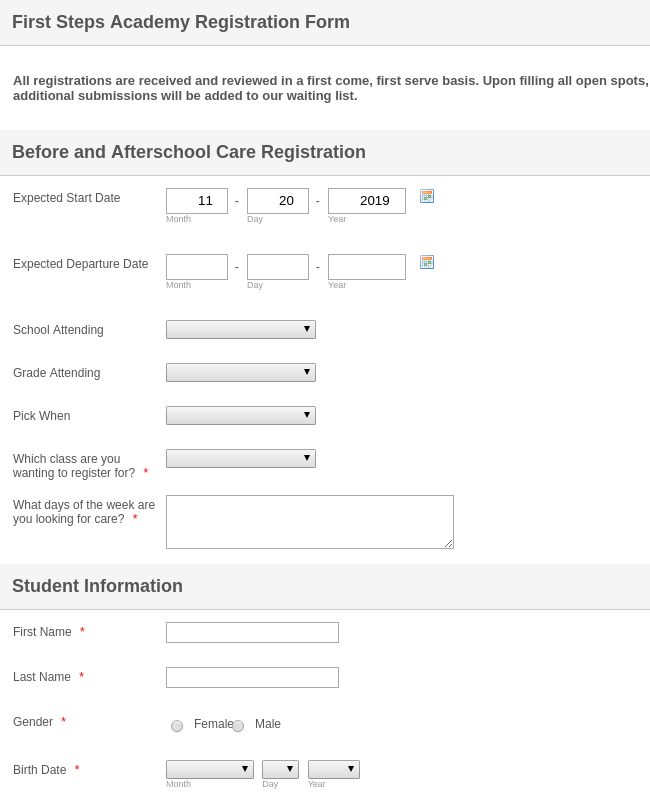 After School Care Enrolment Form