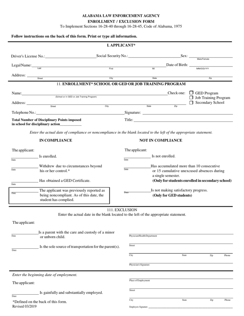 Alabama Form School Enrollment Form Dl-1 93