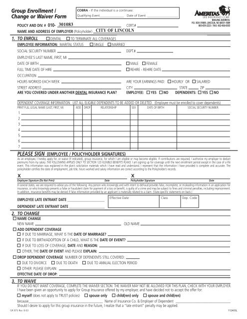 Ameritas Dental Provider Enrollment Form