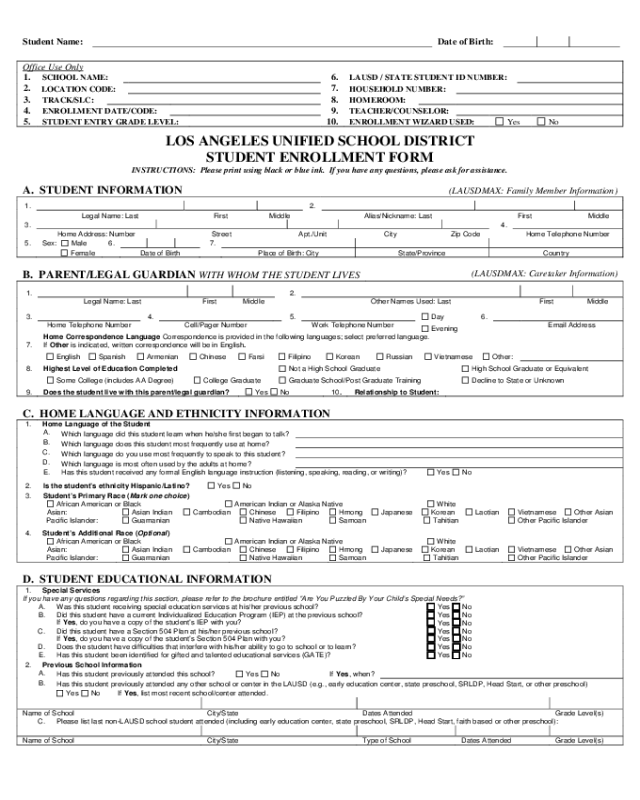 California School Enrollment Form