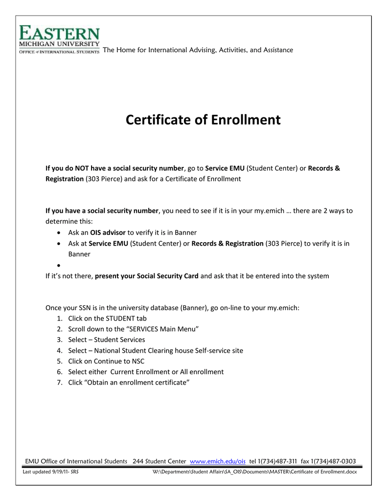 Certificate Of School Enrollment Form