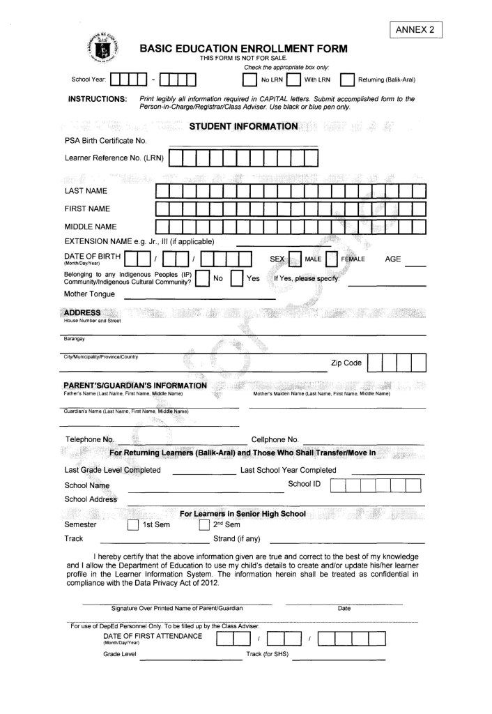 Department Of Education Public School Enrolment Form