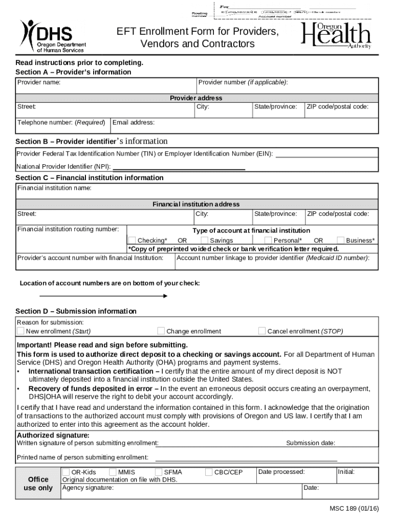 Eft Enrollment Form For Providers Vendors And Contractors