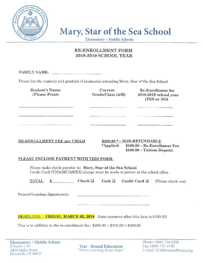 Elementary School Re Enrollment Form