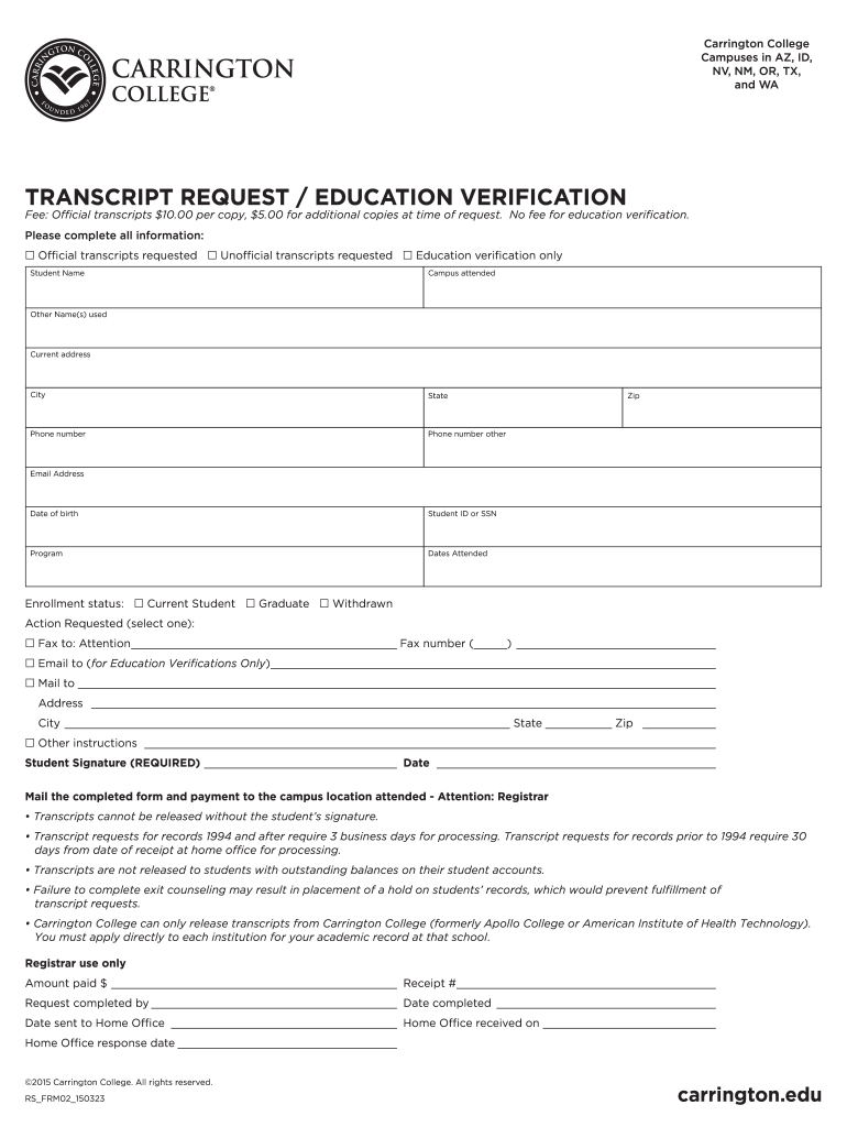 Enrollment Carrington College High School Transcript Request Form