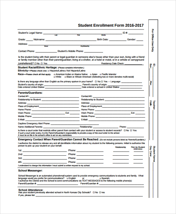 Enrollment Form Template For School