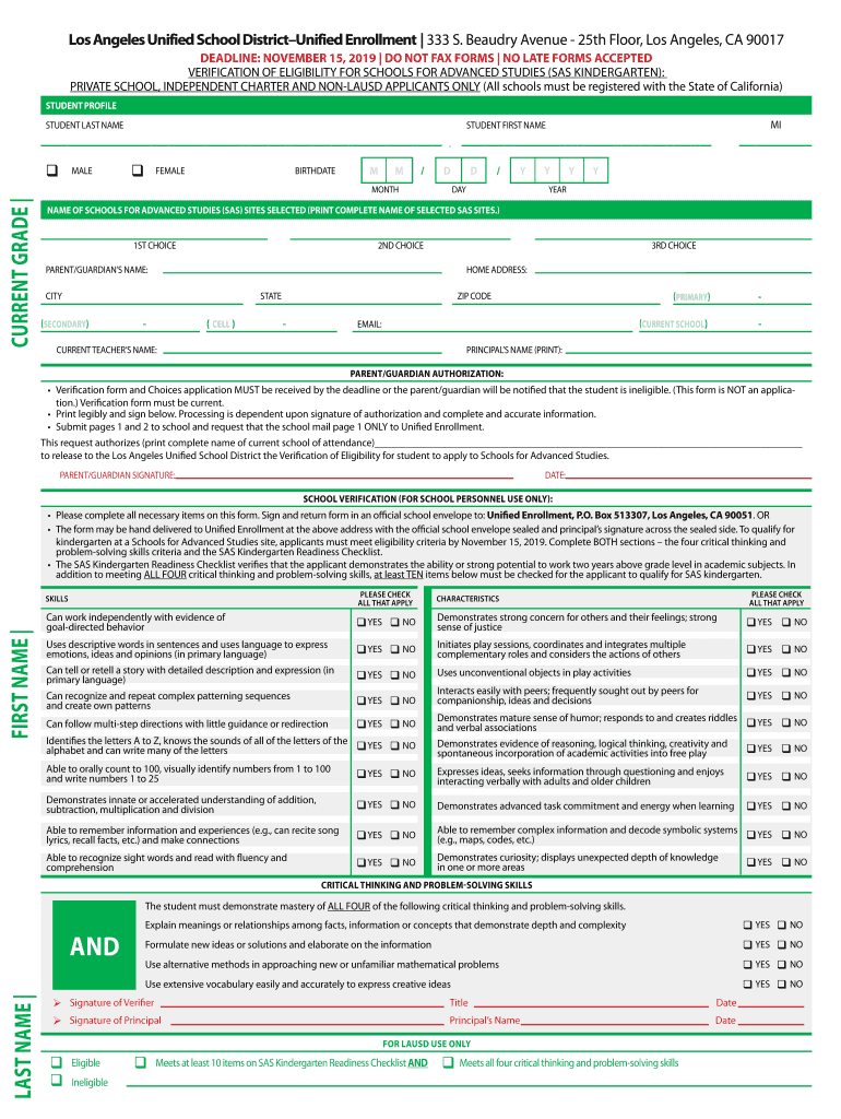 Los Angeles Unified School District Student Enrollment Form