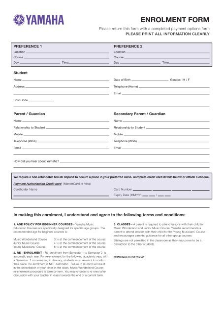 Music School Enrolment Form