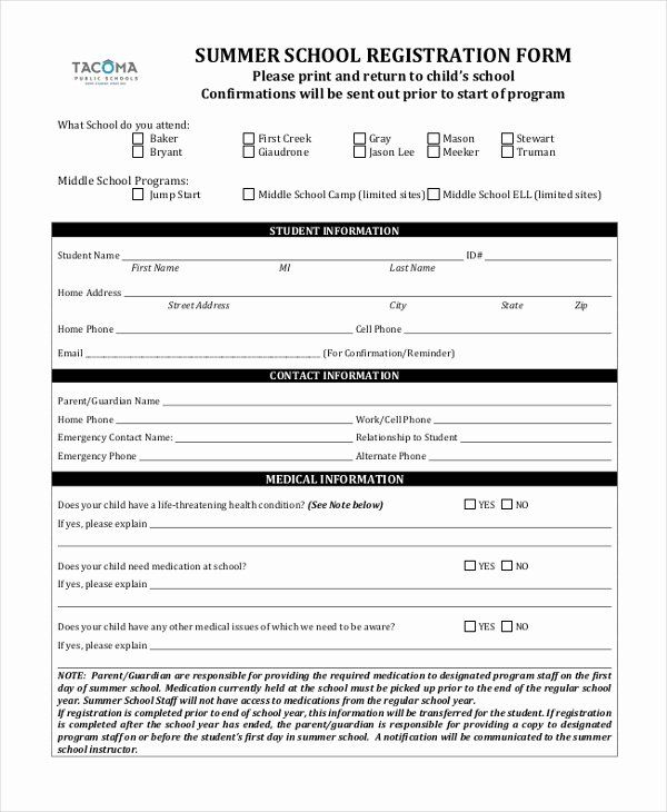 Summer School Enrollment Form Template