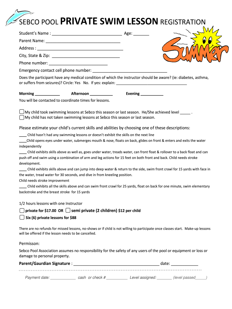 Swim School Enrolment Form Template